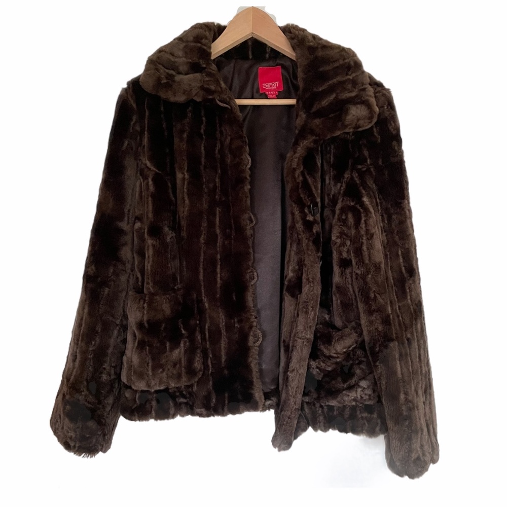 Faux Fur chocolate brown button up jacket medium